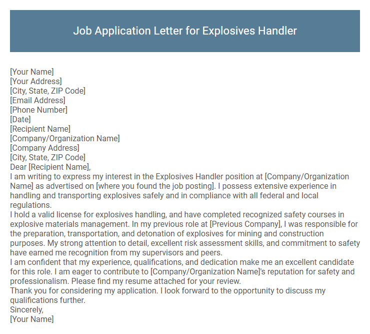 Job Application Letter for Explosives Handler
