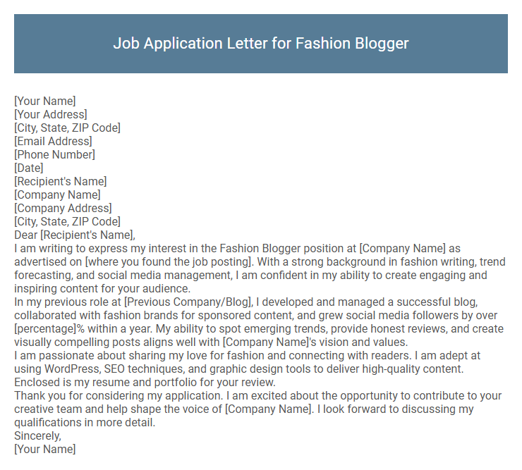 Job Application Letter for Fashion Blogger
