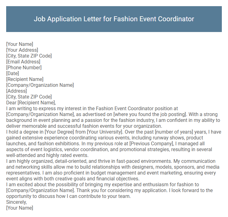 Job Application Letter for Fashion Event Coordinator