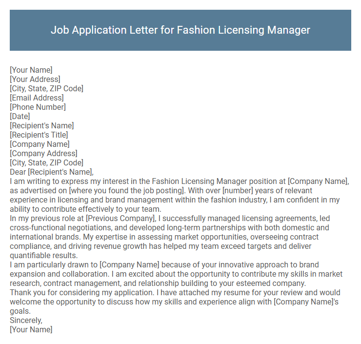 Job Application Letter for Fashion Licensing Manager