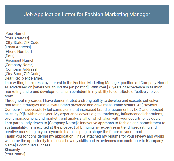 Job Application Letter for Fashion Marketing Manager