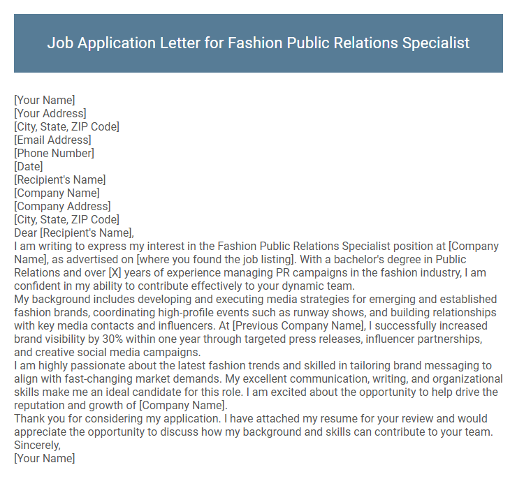 Job Application Letter for Fashion Public Relations Specialist