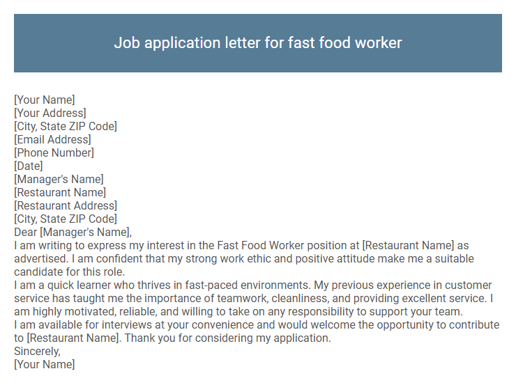 Job application letter for fast food worker
