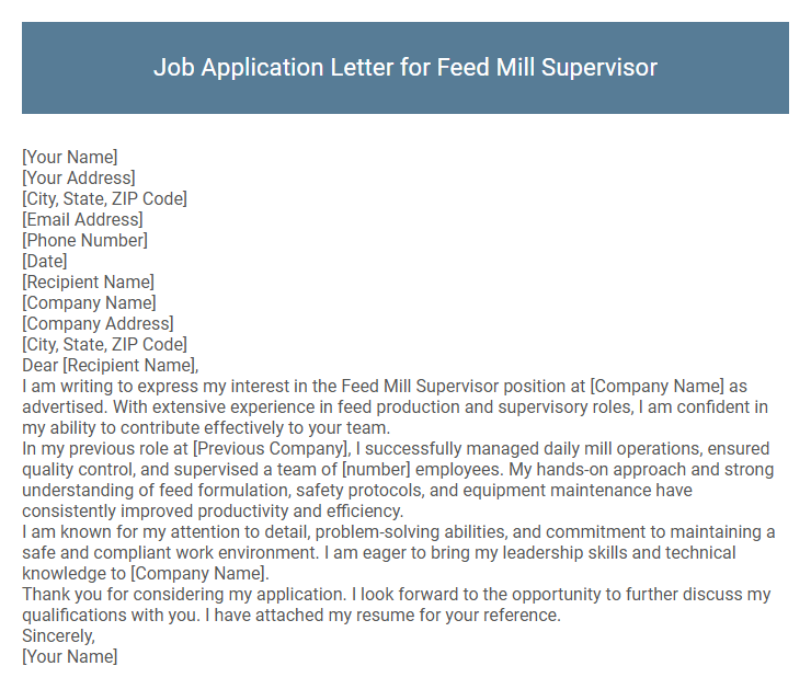 Job Application Letter for Feed Mill Supervisor