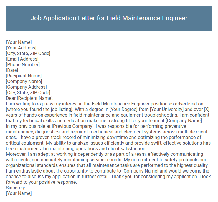 Job Application Letter for Field Maintenance Engineer