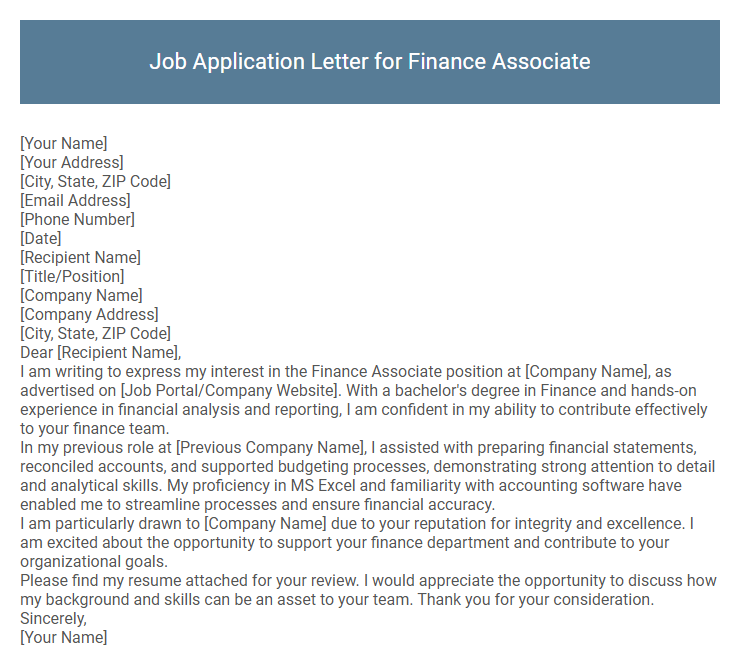 Job Application Letter for Finance Associate