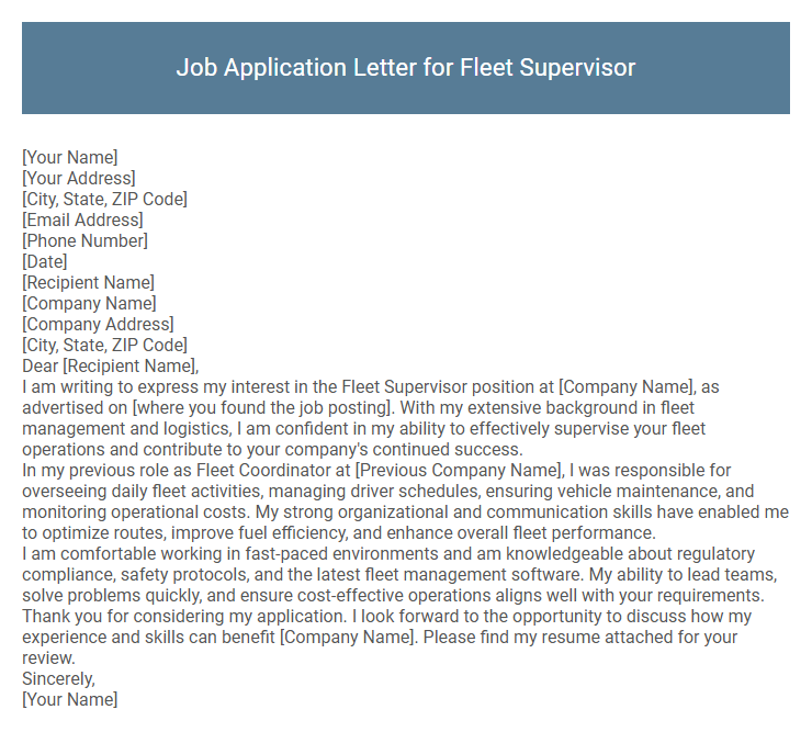 Job Application Letter for Fleet Supervisor