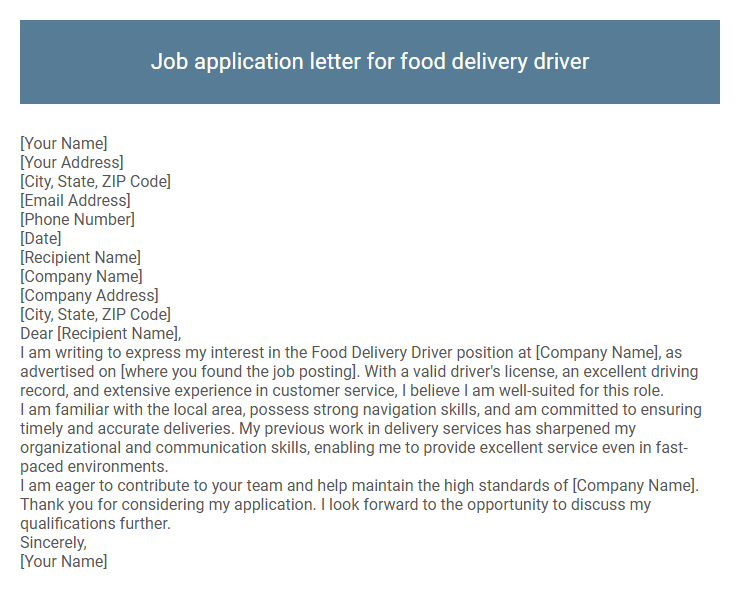 Job application letter for food delivery driver