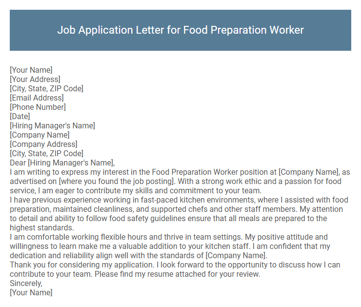 Job Application Letter for Food Preparation Worker