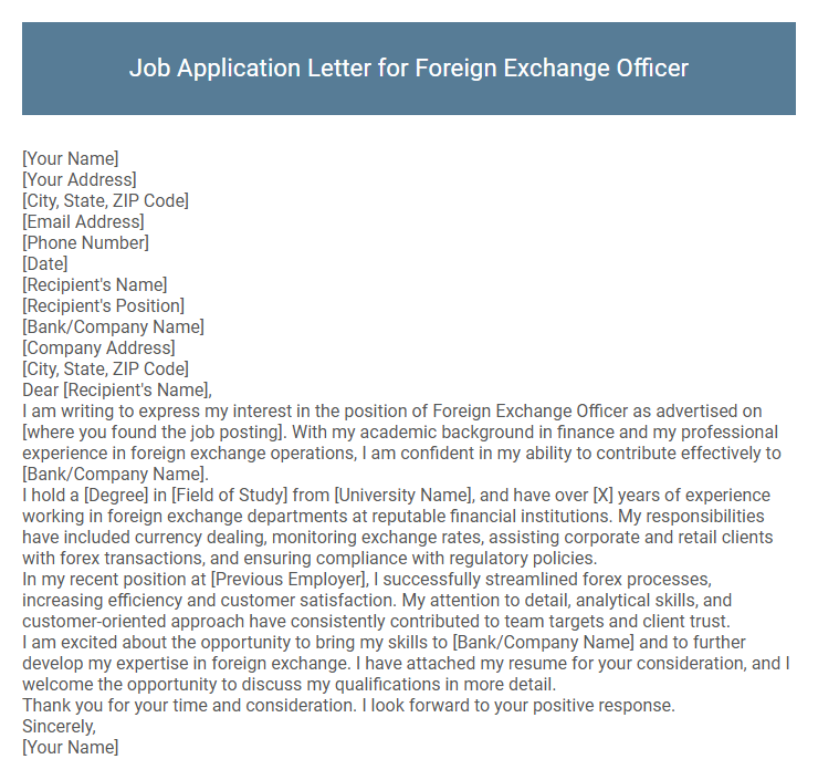 Job Application Letter for Foreign Exchange Officer