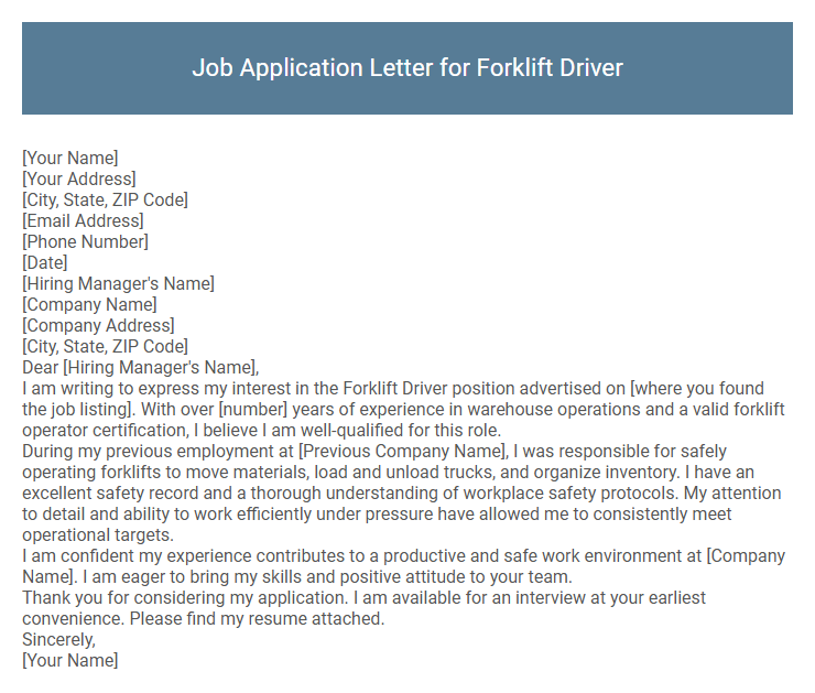 Job Application Letter for Forklift Driver