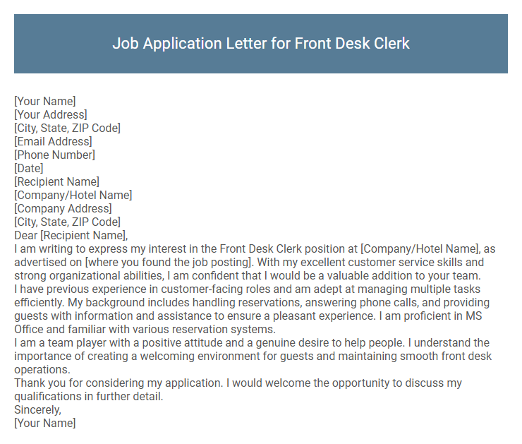 Job Application Letter for Front Desk Clerk