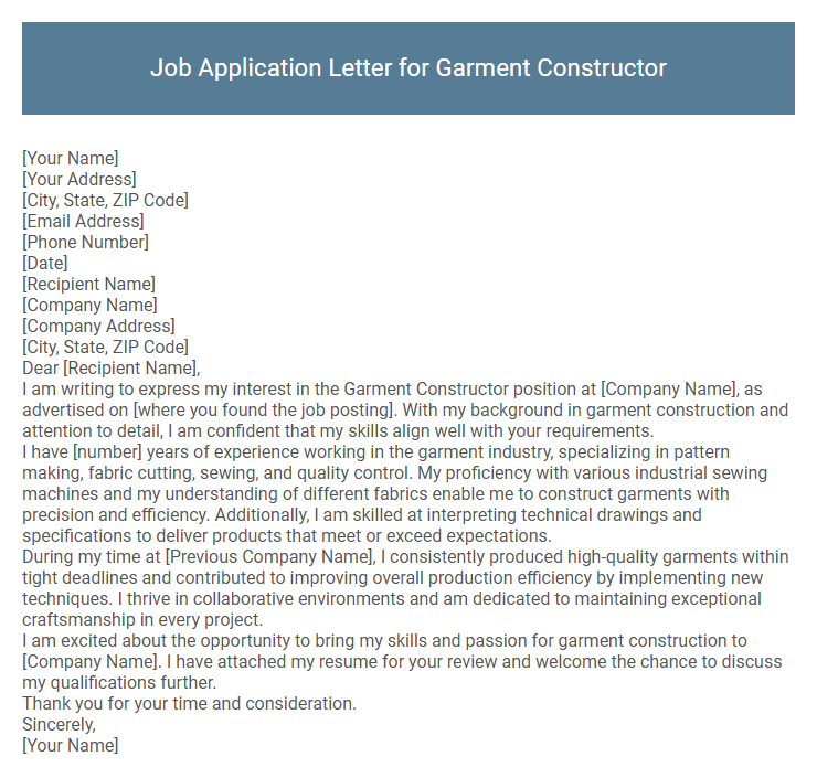 Job Application Letter for Garment Constructor
