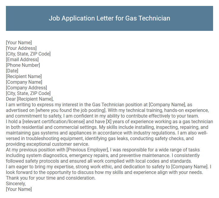 Job Application Letter for Gas Technician