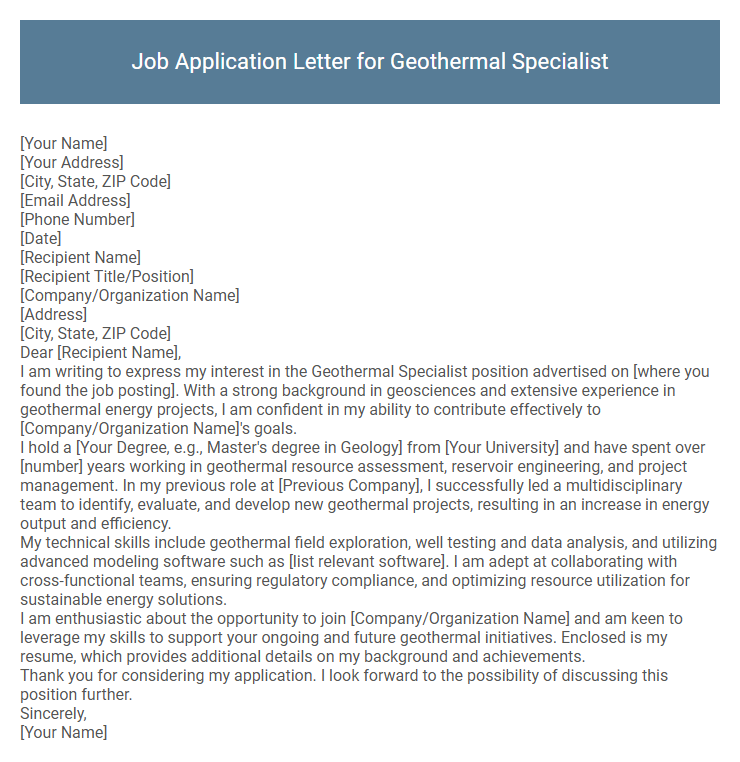 Job Application Letter for Geothermal Specialist