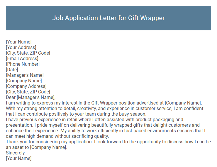 Job Application Letter for Gift Wrapper