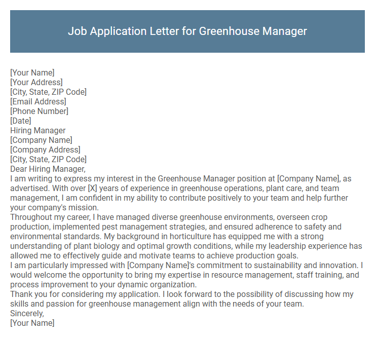 Job Application Letter for Greenhouse Manager