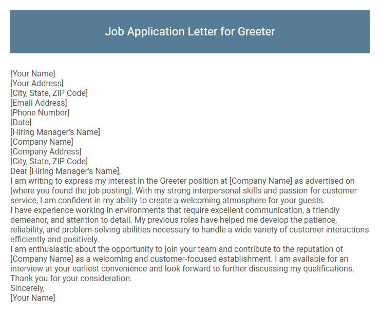 Job Application Letter for Greeter