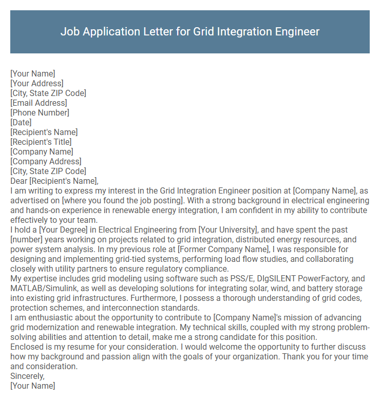 Job Application Letter for Grid Integration Engineer