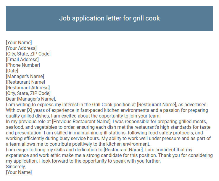 Job application letter for grill cook