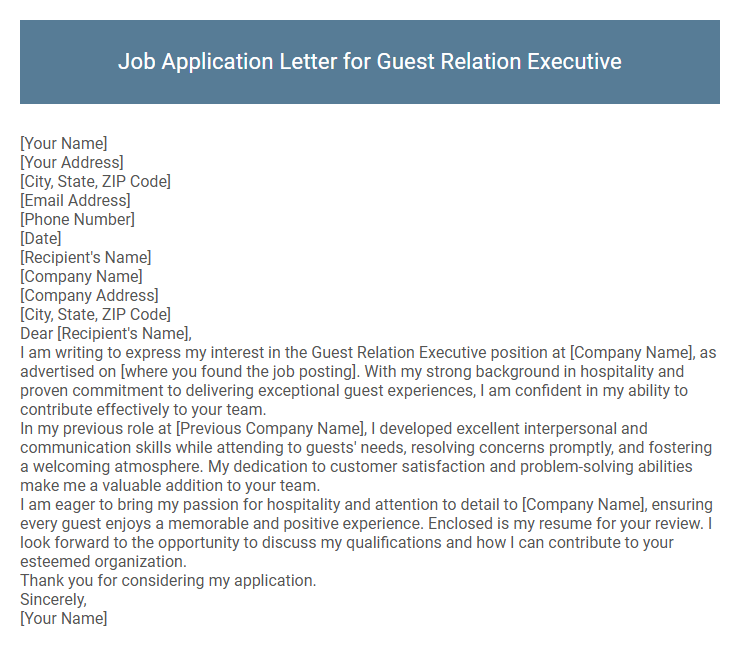 Job Application Letter for Guest Relation Executive