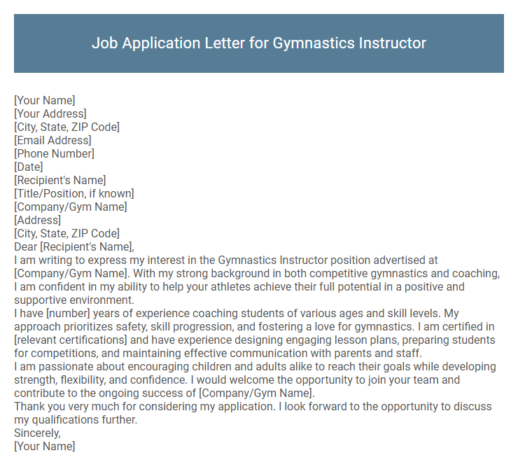 Job Application Letter for Gymnastics Instructor