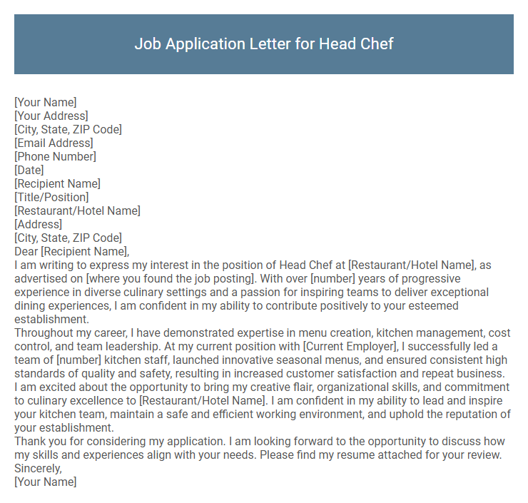 Job Application Letter for Head Chef