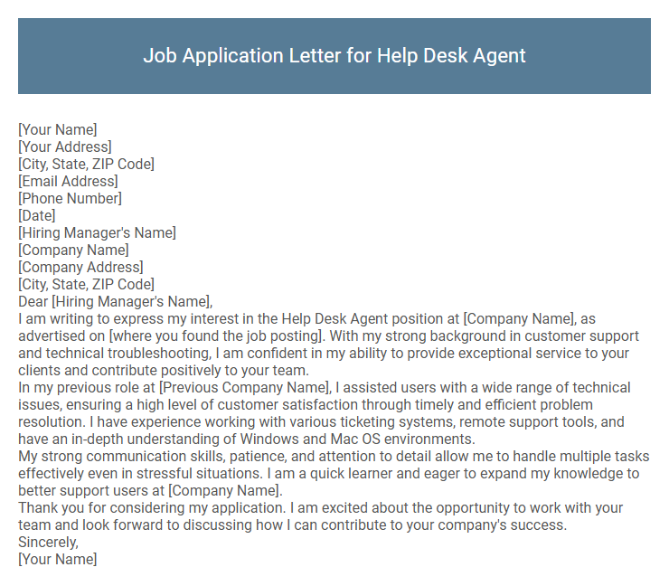 Job Application Letter for Help Desk Agent