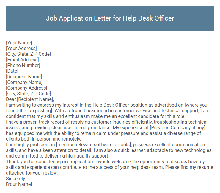Job Application Letter for Help Desk Officer