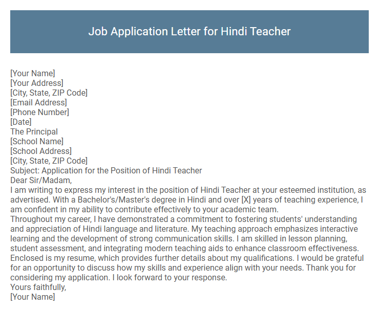 Job Application Letter for Hindi Teacher