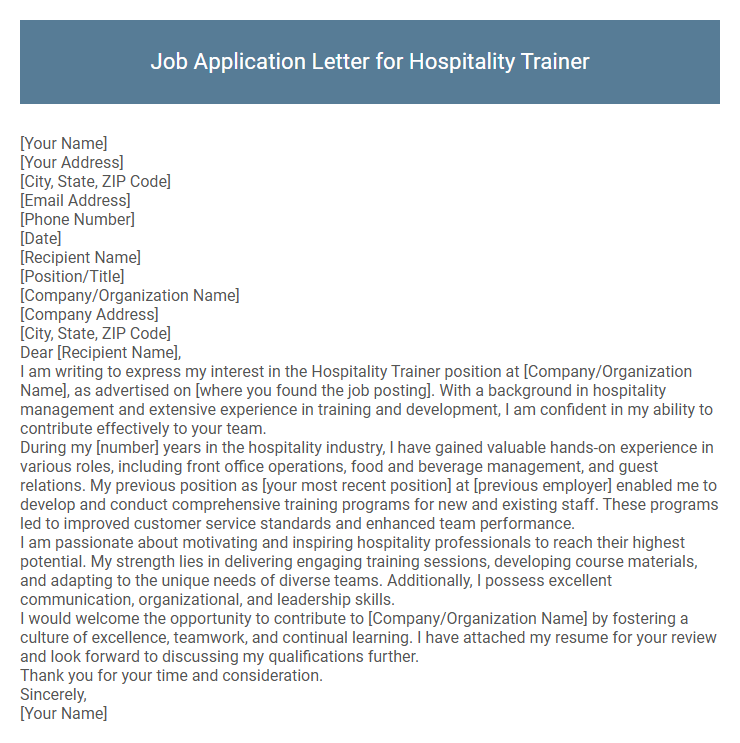 Job Application Letter for Hospitality Trainer