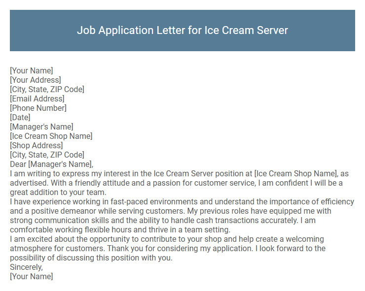Job Application Letter for Ice Cream Server