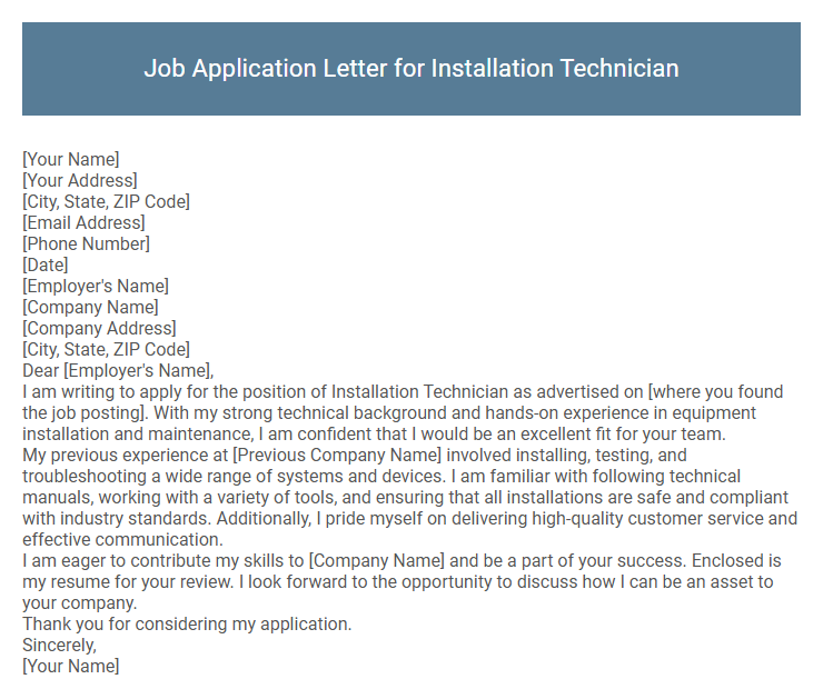 Job Application Letter for Installation Technician