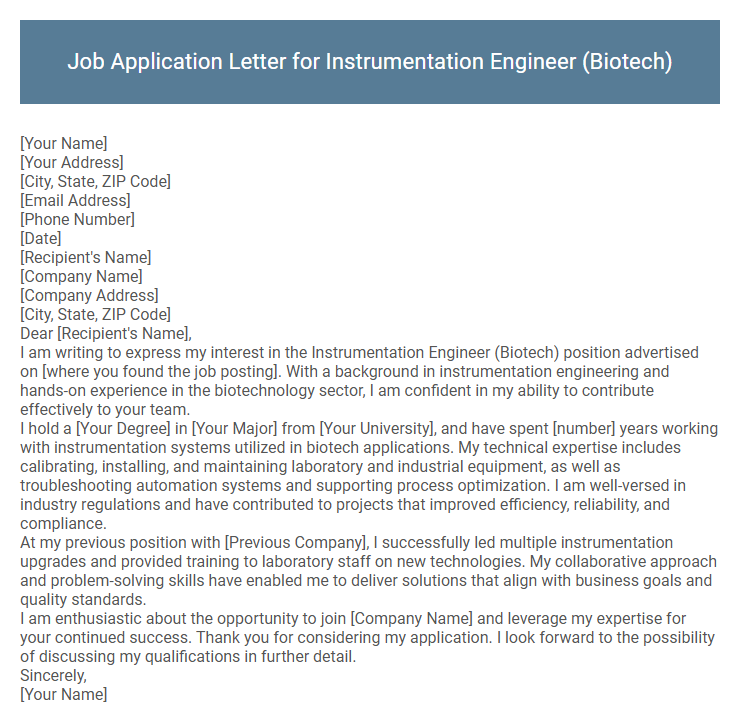 Job Application Letter for Instrumentation Engineer (Biotech)