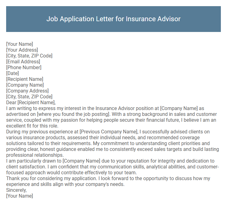 Job Application Letter for Insurance Advisor