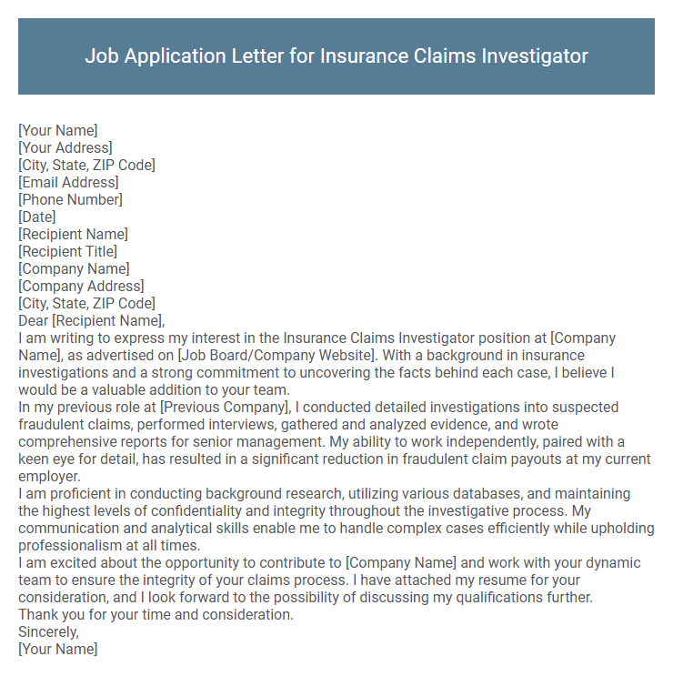 Job Application Letter for Insurance Claims Investigator