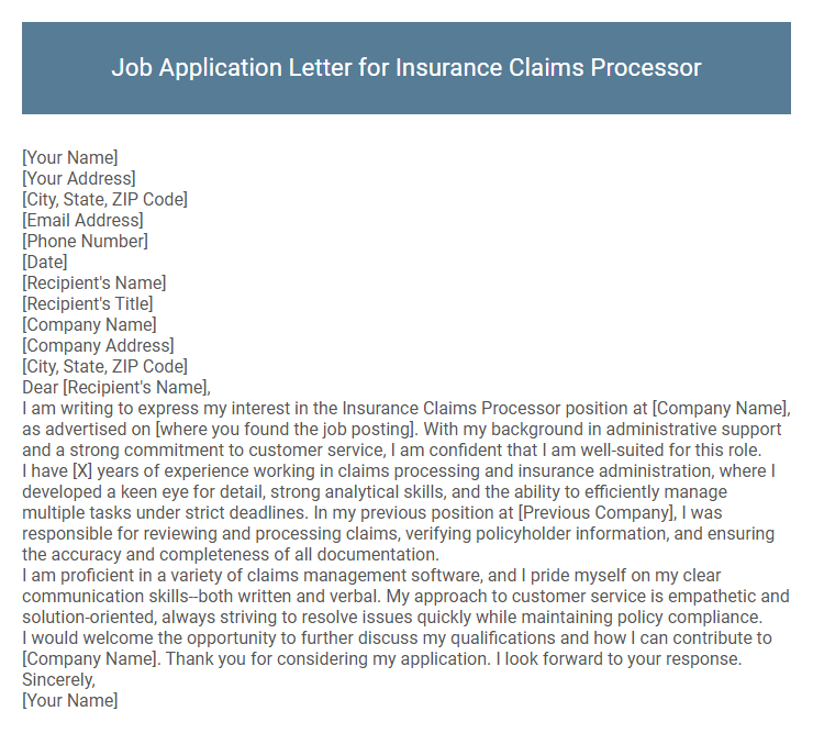 Job Application Letter for Insurance Claims Processor