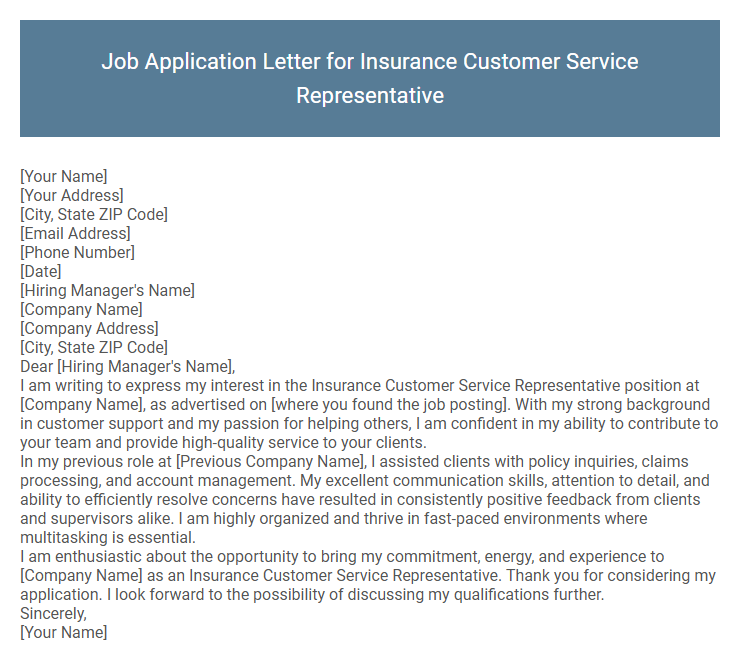 Job Application Letter for Insurance Customer Service Representative