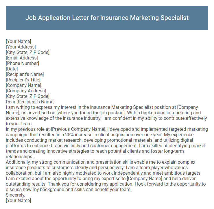 Job Application Letter for Insurance Marketing Specialist