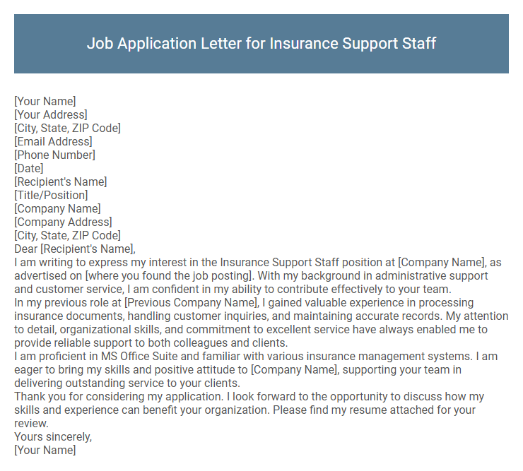 Job Application Letter for Insurance Support Staff