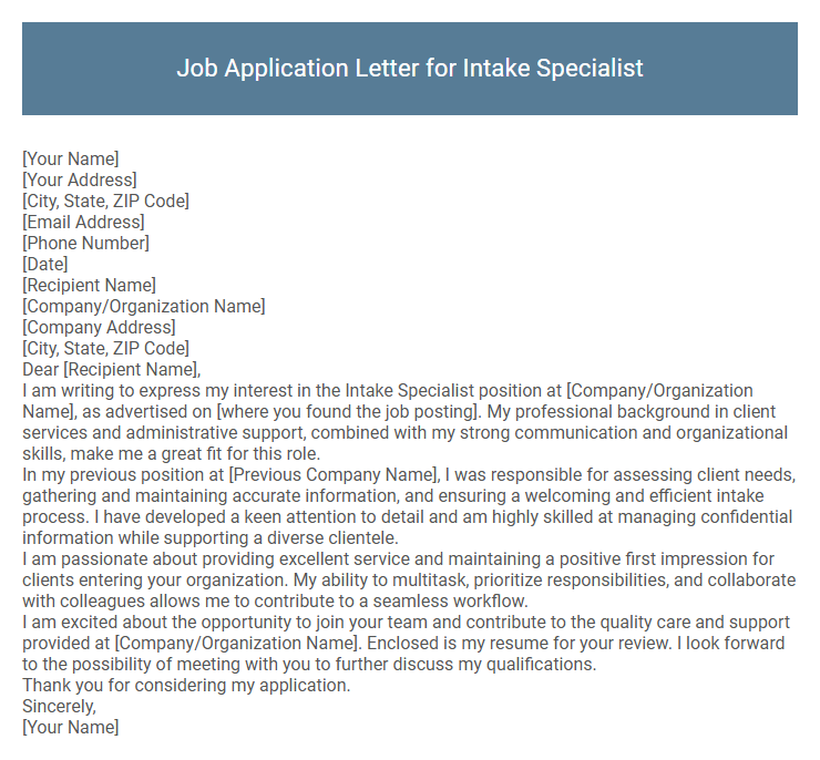 Job Application Letter for Intake Specialist