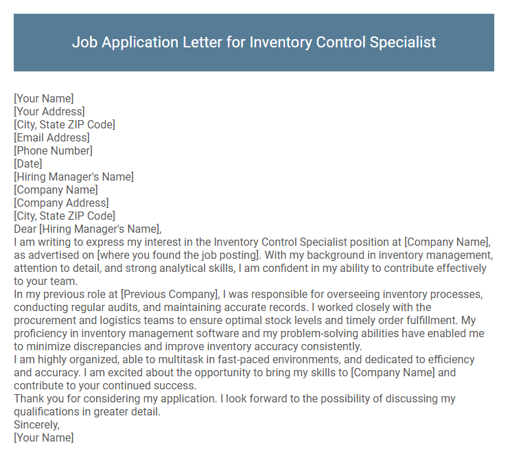 Job Application Letter for Inventory Control Specialist