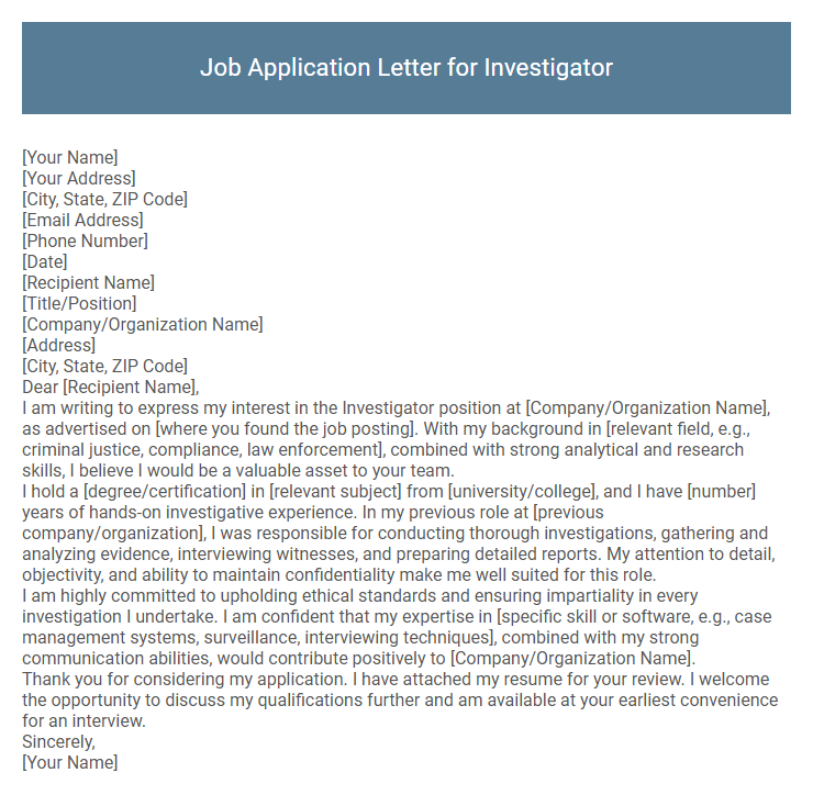 Job Application Letter for Investigator