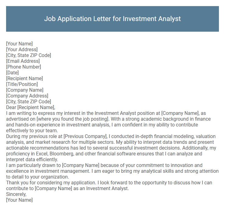 Job Application Letter for Investment Analyst