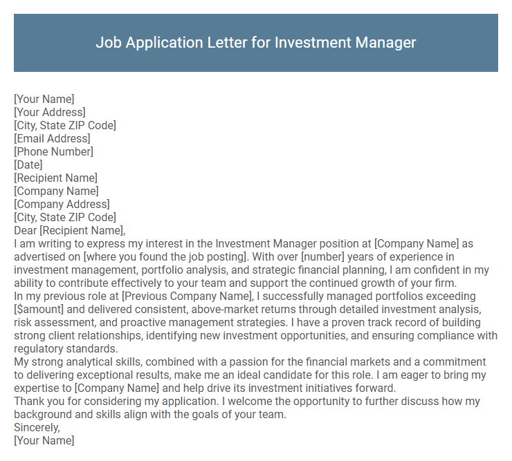 Job Application Letter for Investment Manager