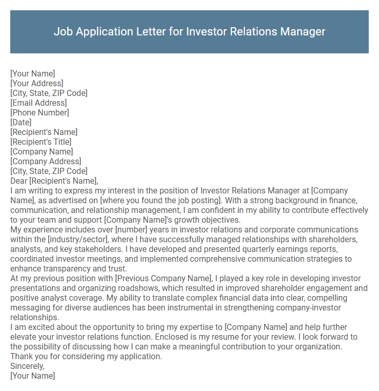 Job Application Letter for Investor Relations Manager