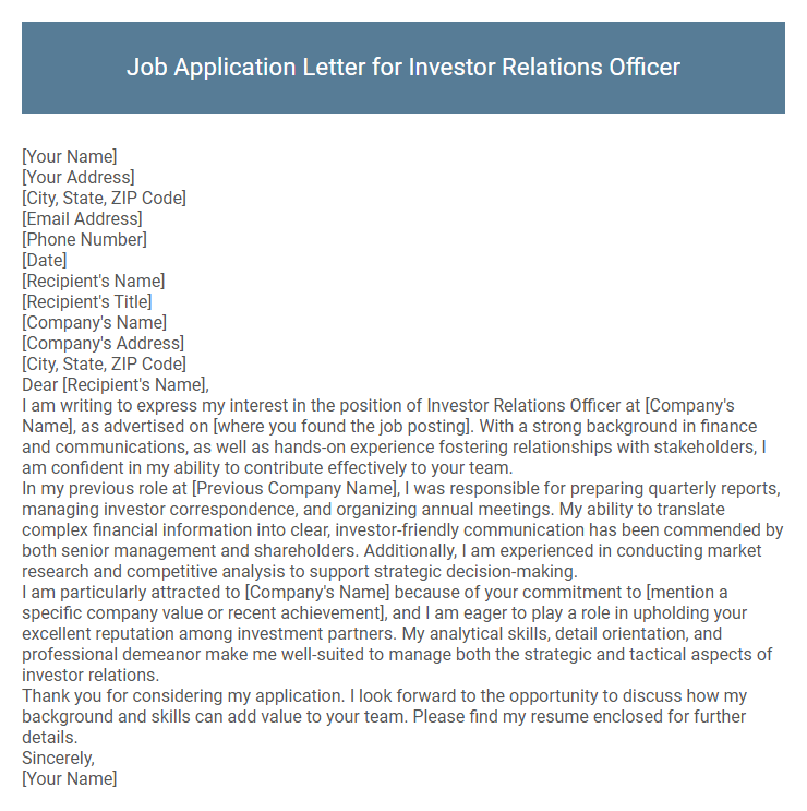 Job Application Letter for Investor Relations Officer