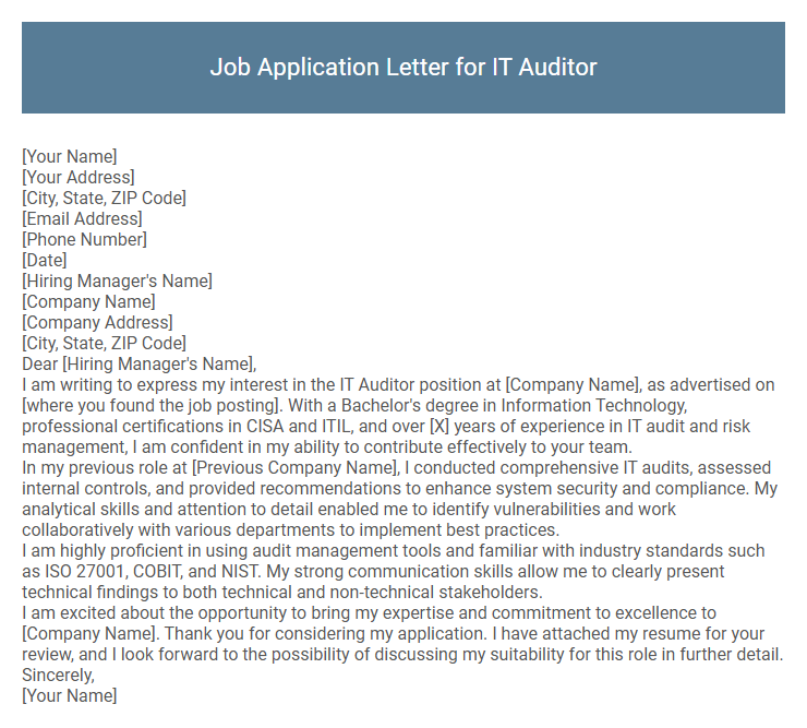 Job Application Letter for IT Auditor