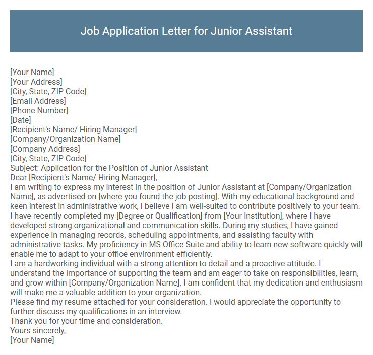 Job Application Letter for Junior Assistant