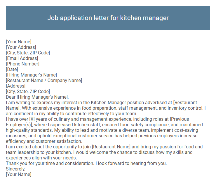 Job application letter for kitchen manager